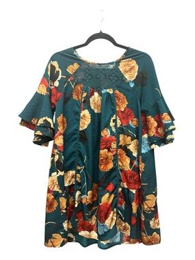 Umgee Teal Floral Lace-Yoke Ruffle Sleeve Tunic